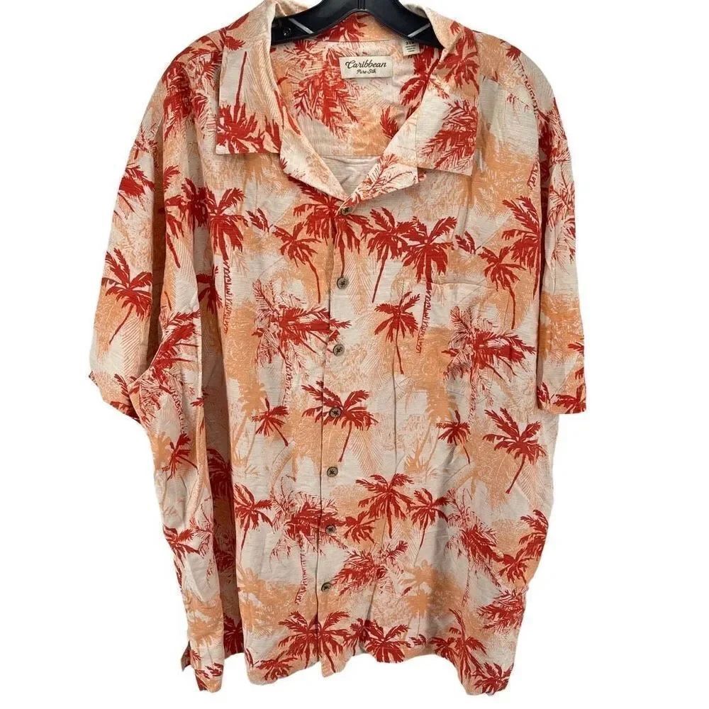 Caribbean Mens Button Up Shirt Pure Silk Palm Tree Short Sleeve Orange Size 3XB